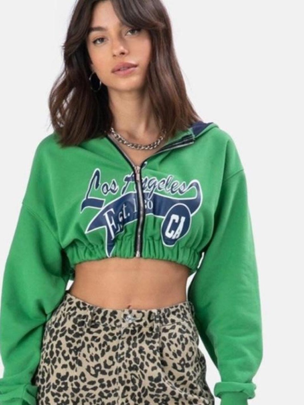 Adika Cropped Hooded Full Zip Sweatshirt Green Size XS Graphic Los Angeles